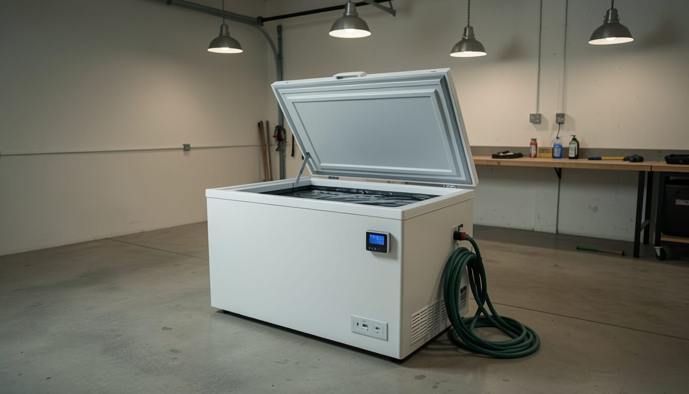 Modified chest freezer set up as a home cold plunge