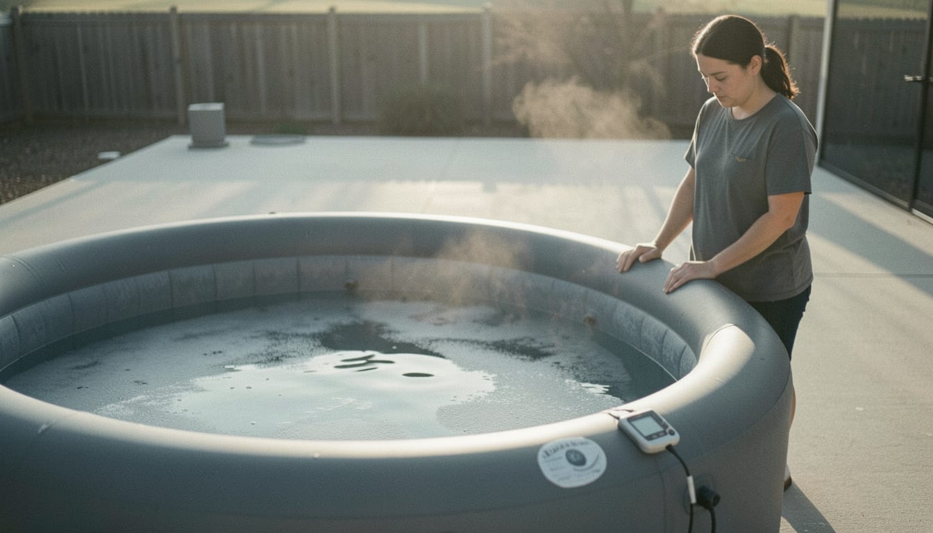 Person standing at the edge of an inflatable cold plunge tub, preparing to get in