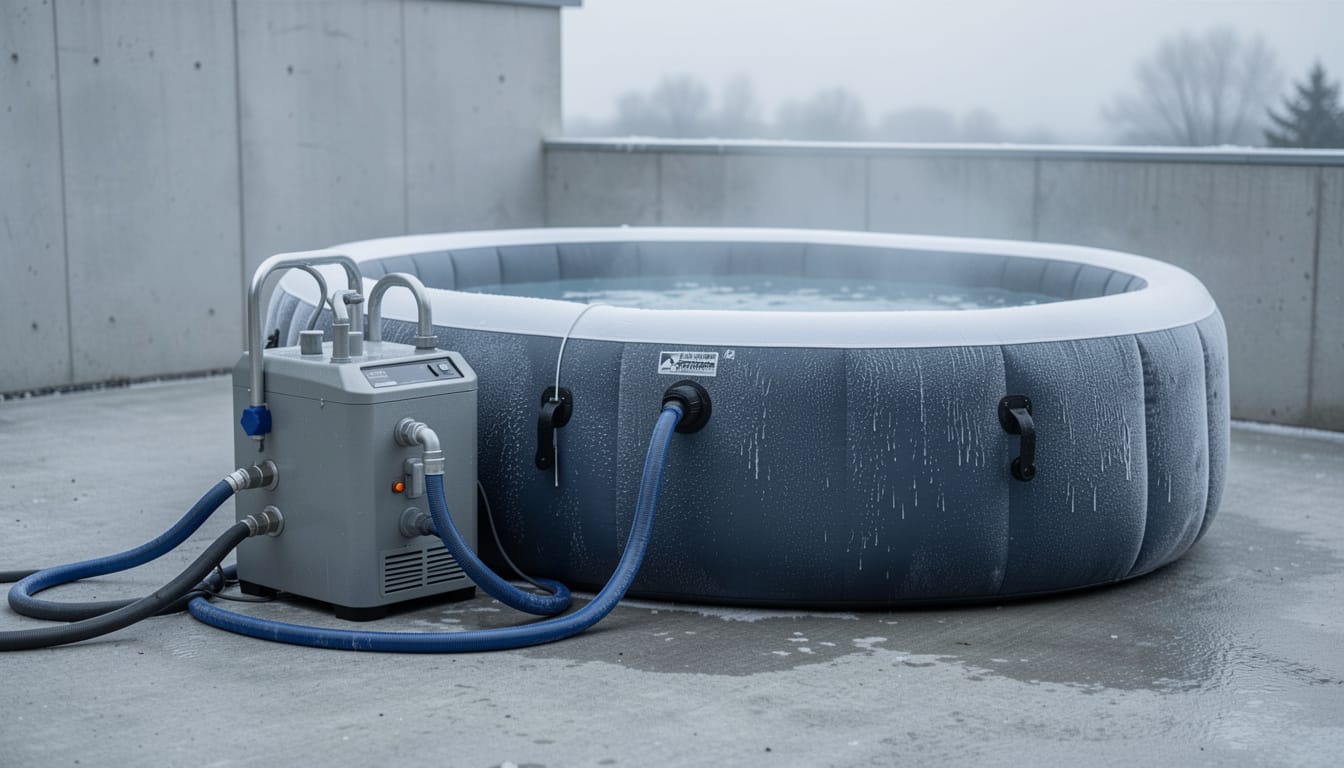 An inflatable cold plunge tub with a compact chiller unit connected by hoses, outdoors on a concrete patio