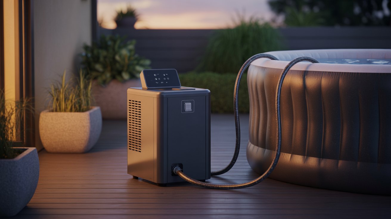 Cold plunge water chiller unit beside an inflatable plunge tub