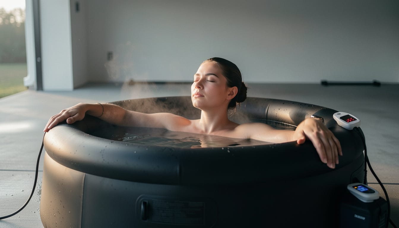 A person submerging into a cold plunge tub with a thermometer visible