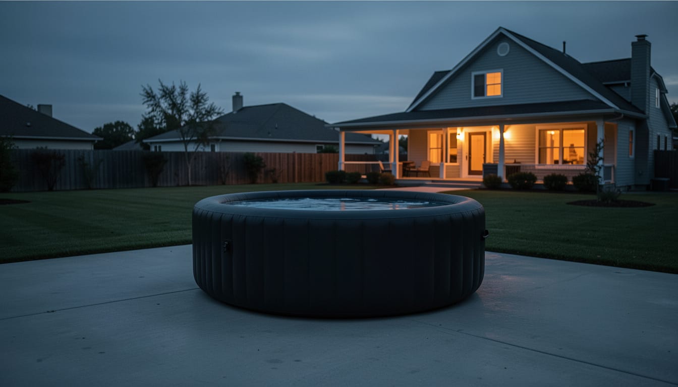 An inflatable cold plunge tub outdoors at dusk, soft warm ambient light in the background, steam rising from a nearby cup
