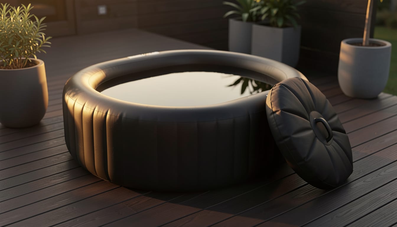 Inflatable cold plunge tub on a wooden patio