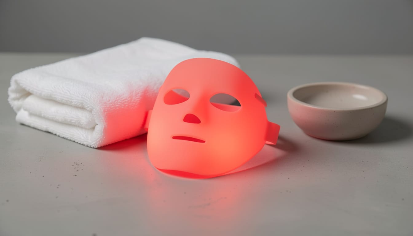 Red light therapy LED mask in use on a person's face