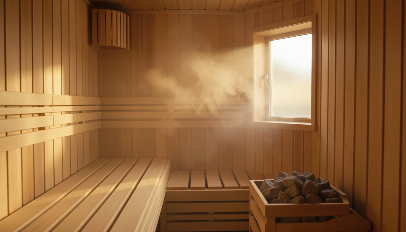 The interior of a traditional wooden sauna with bench and heated stones, soft warm light through a small window, no people