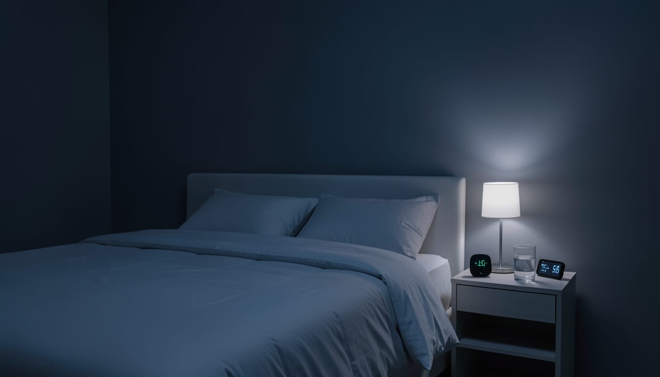 A neatly made bed with a lightweight cooling comforter in a dark minimalist bedroom, soft cool-toned light